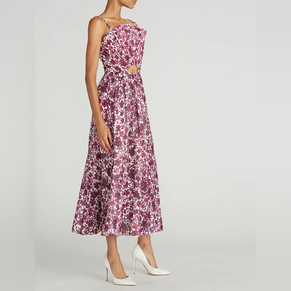 AMUR Destinee Fan Bodice Midi Dress in Barberry Watercolor Botanical